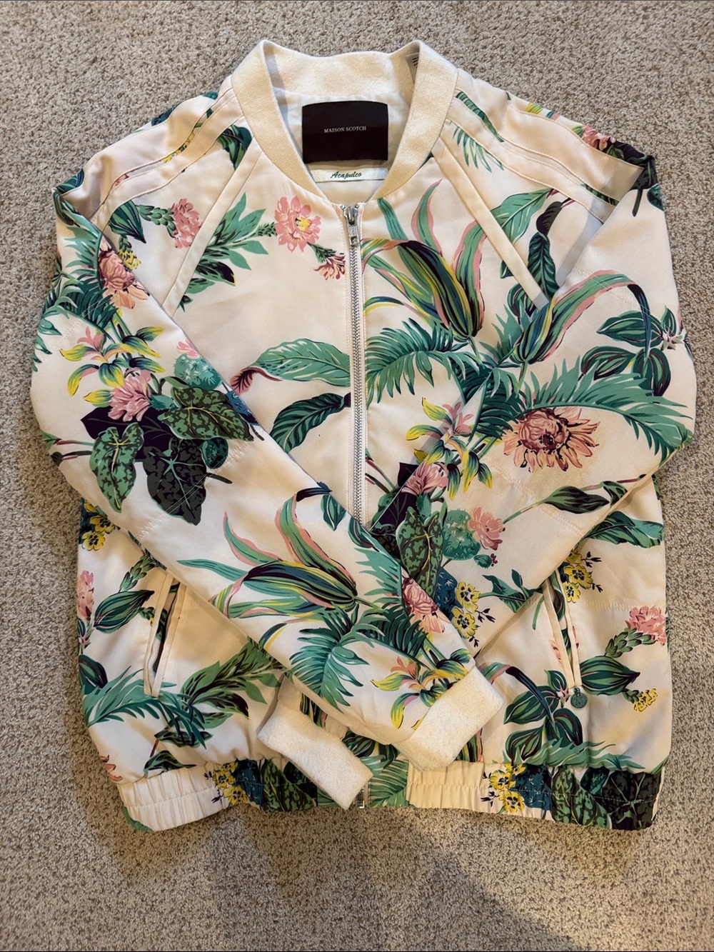 Madison Scotch Floral Zip Bomber Jacket in Cream